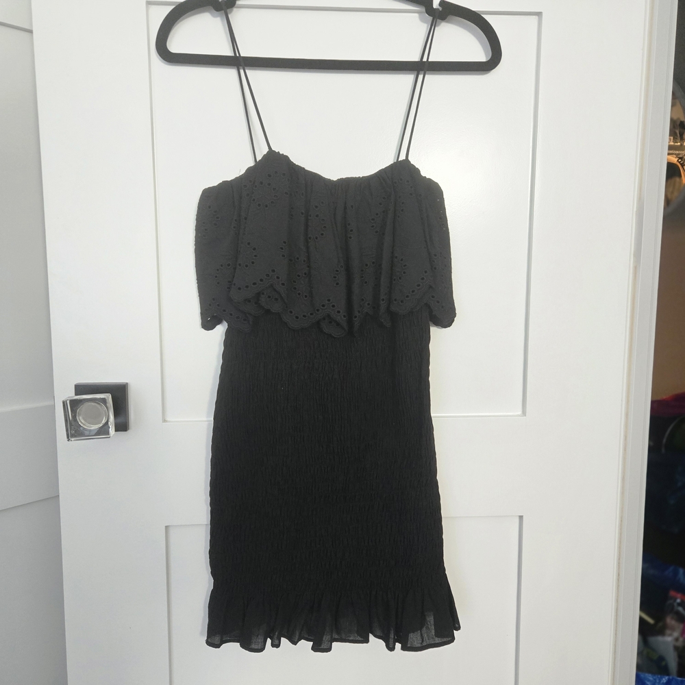 NWT Zara XS Black Spaghetti Strap Mini Dress Ruffled Top Stretch Rouch Bottom - Picture 3 of 11